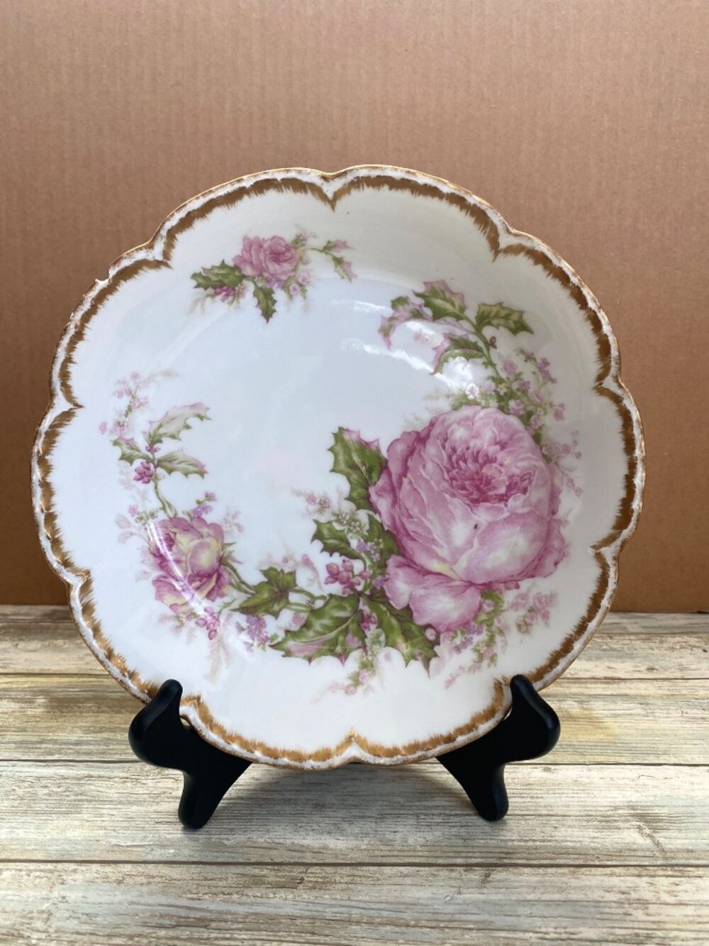 Haviland Limoges H90 Christmas Rose Double Gold 9" Round Serving Bowl Antique